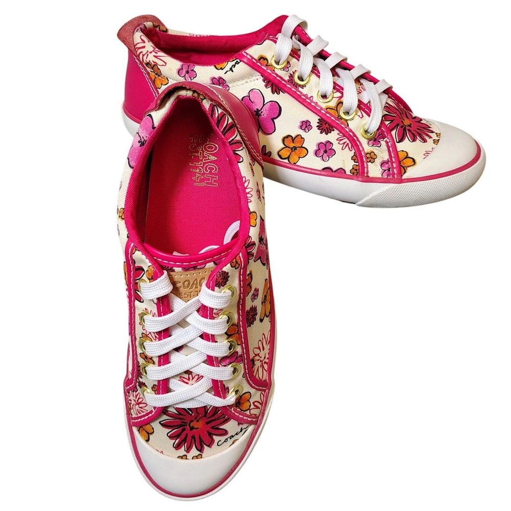 Coach Barrett Poppy Floral Canvas Sneakers Hot Pink  Lace Up Womens Shoes size 7